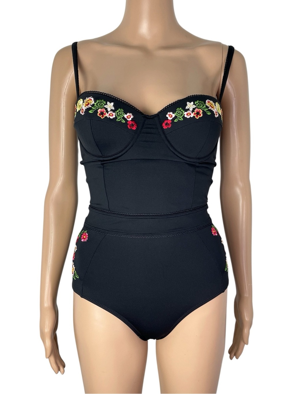 Johnny Was Haley Embroidered Floral Corset Black One Piece Bathing Suit